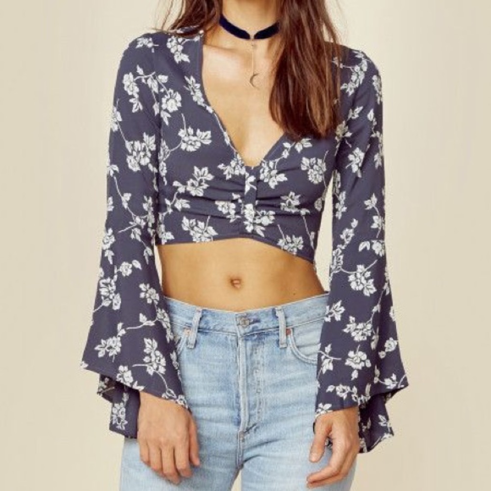 Flynn Skye Floral Print Long Flare Sleeve Crop Top size XS